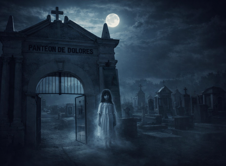Niña fantasma junto a la reja del panteón de García, Nuevo León, iluminada por la luna llena entre lápidas antiguas
