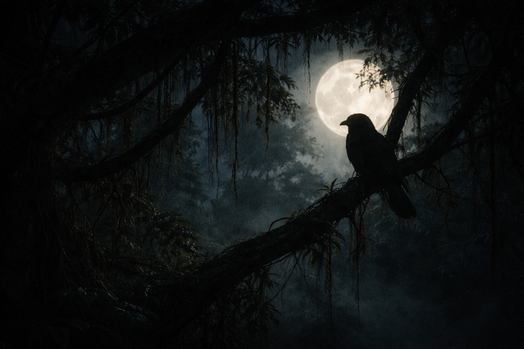 Silueta de ave misteriosa entre ramas bajo la luna.