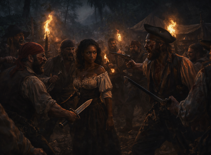 Pelea entre piratas en campamento nocturno