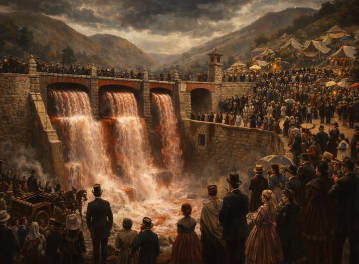 Multitud del siglo XIX observando la apertura de las compuertas de la Presa de la Olla en Guanajuato