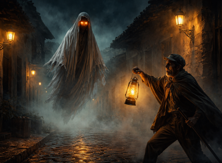 Fantasma ensabanado aparece entre la niebla en una calle antigua de Xalapa