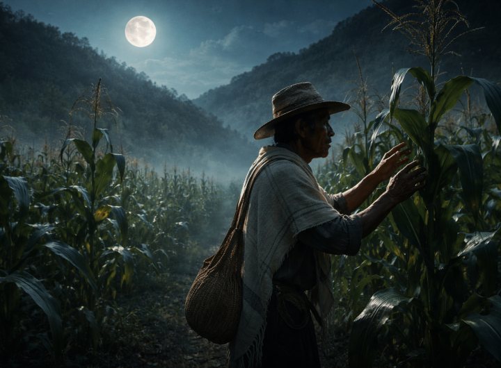 Campesino hablando con milpa bajo la luna en Puebla