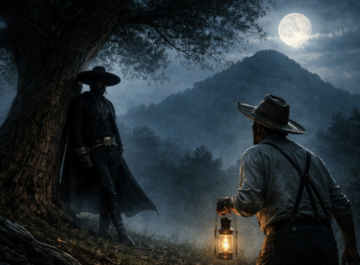 Charro sin rostro bajo un olmo en el cerro Macuiltépetl durante la noche