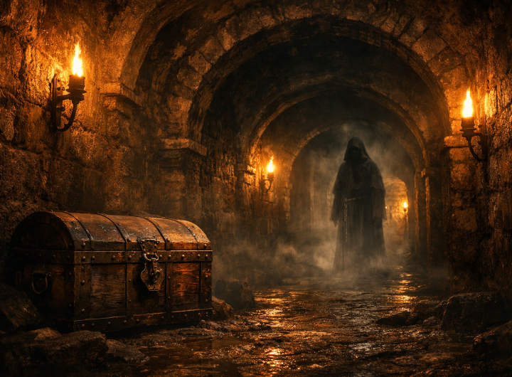 Túnel antiguo bajo San Cristóbal con fraile espectral custodiando tesoro