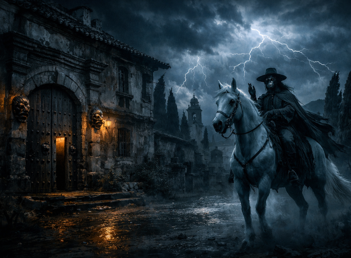 Casa del Usurero en Valladolid con espectro cabalgando en noche de tormenta