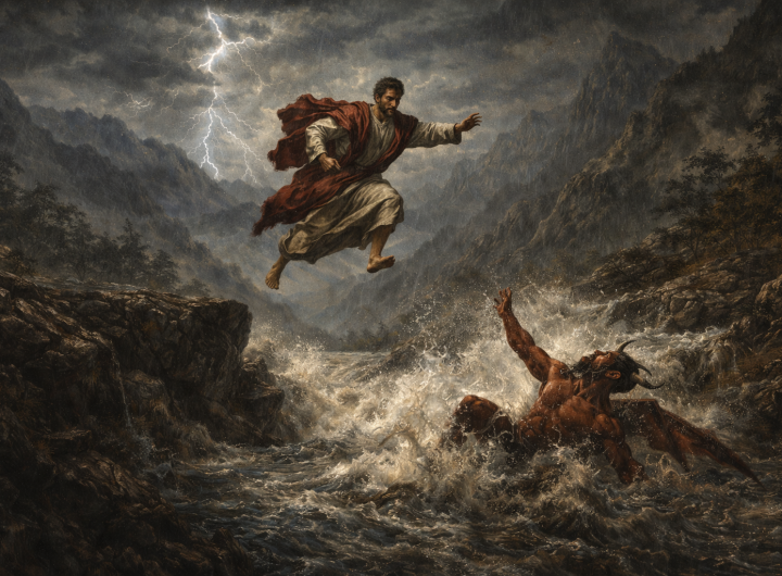 San Bartolomé saltando un río mientras el diablo cae al agua durante la carrera legendaria