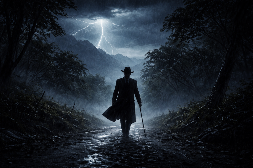 El diablo caminando por camino rural durante tormenta en Veracruz en la noche de San Bartolo
