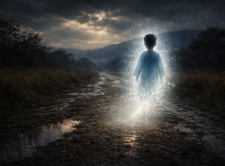 Silueta de niño desapareciendo en luz en camino rural