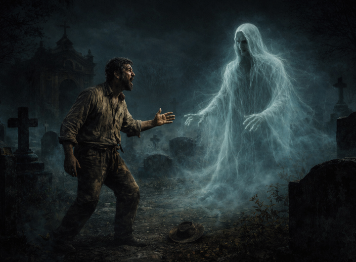 Hombre enfrentando a un fantasma en un panteón antiguo