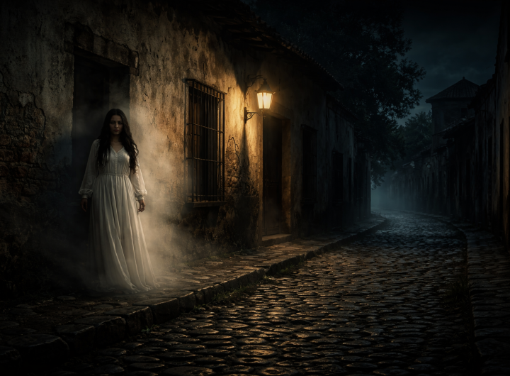 Mujer vestida de blanco emergiendo de una pared en un callejón nocturno de Candela, Coahuila, con farol antiguo iluminando el empedrado.