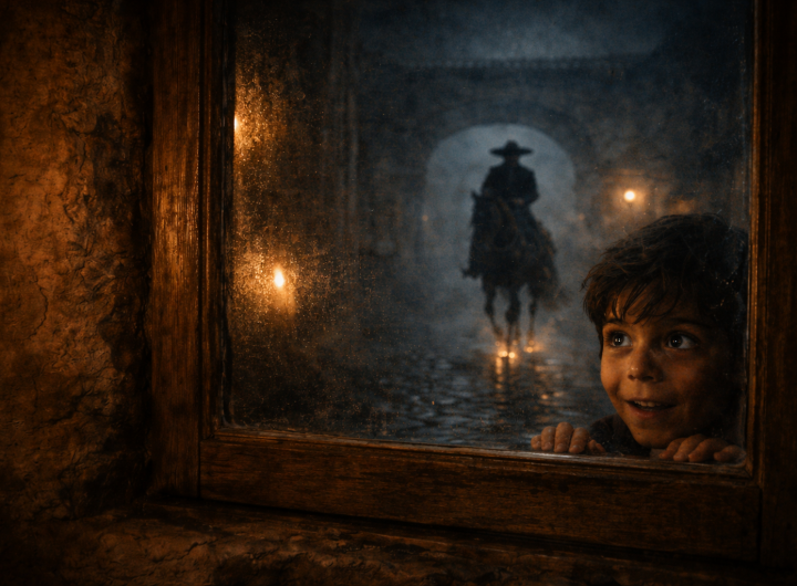 Niño observando con emoción y curiosidad desde una ventana antigua y sucia de vecindad, mientras en el reflejo aparece la silueta de un charro negro montando a caballo en la noche.