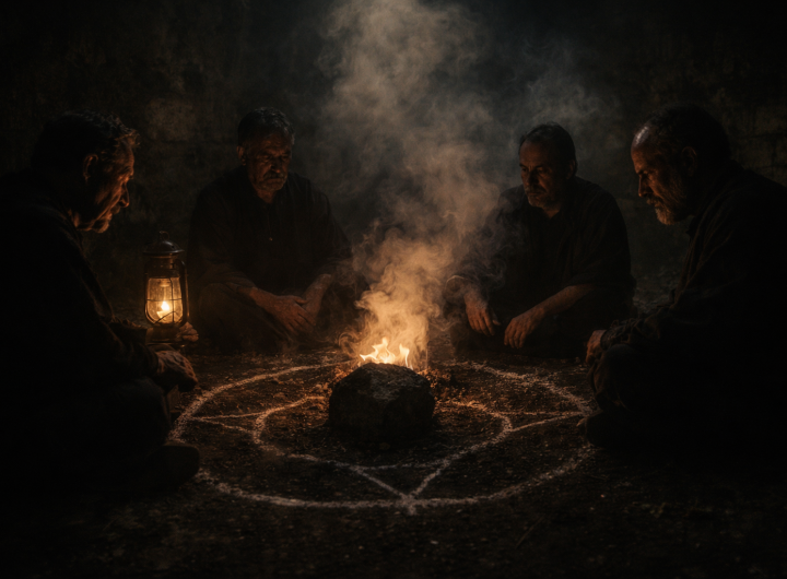 Brujos realizando ritual en aljibe del castillo