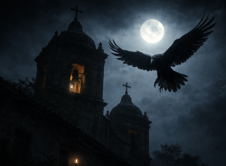 Cuervo negro descendiendo desde iglesia bajo la luna.