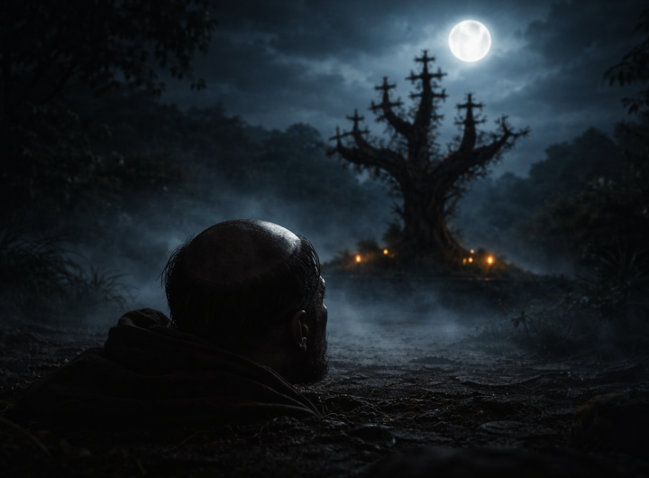 Silueta simbólica de cabeza tonsurada bajo la luna junto a árbol de cruces.