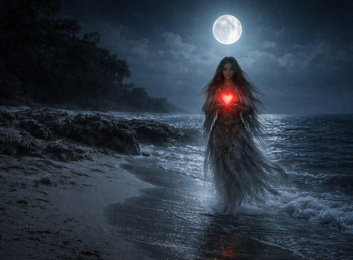 Fantasma de doncella con corazón brillante en isla
