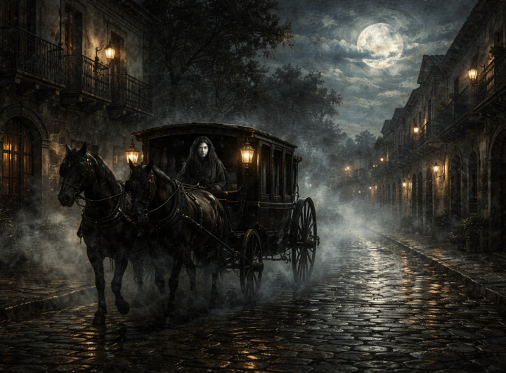 Carruaje fantasmagórico de La Llorona cruzando la antigua Villa de Aguascalientes bajo la luna.
