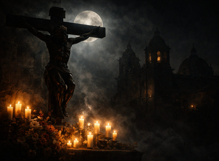 Silueta del Señor del Veneno bajo la luna frente a catedral.