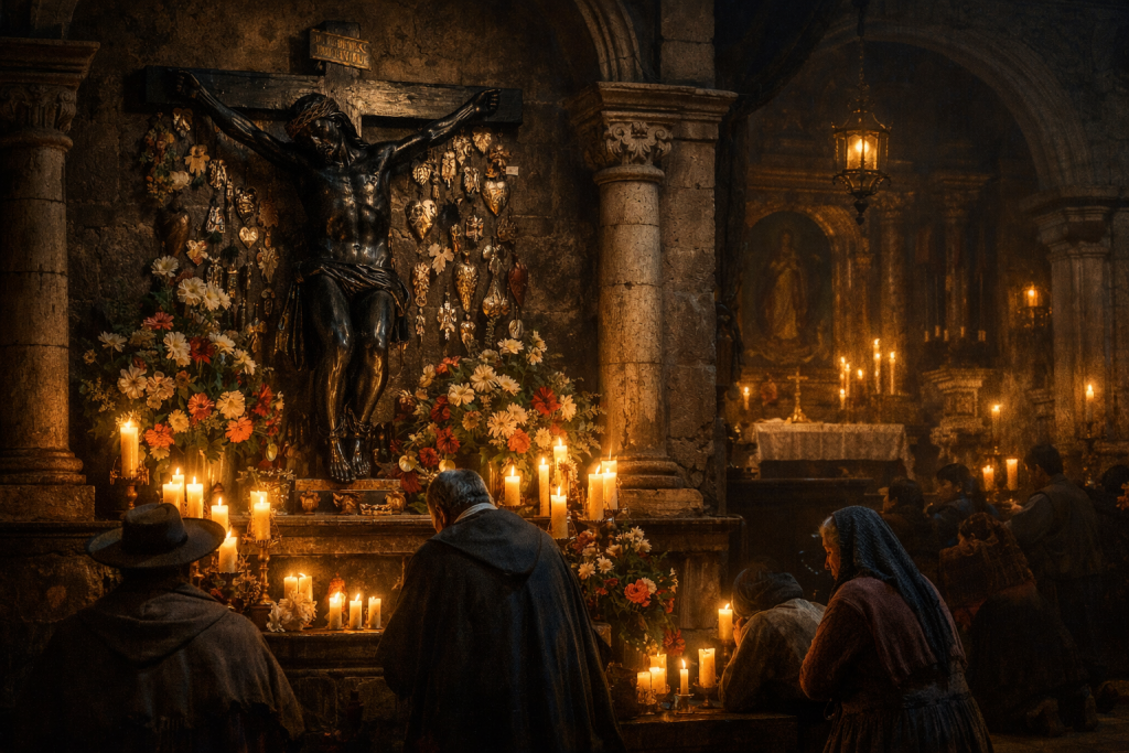Imagen del Señor del Veneno en el templo de Porta-Coeli rodeado de flores y velas.
