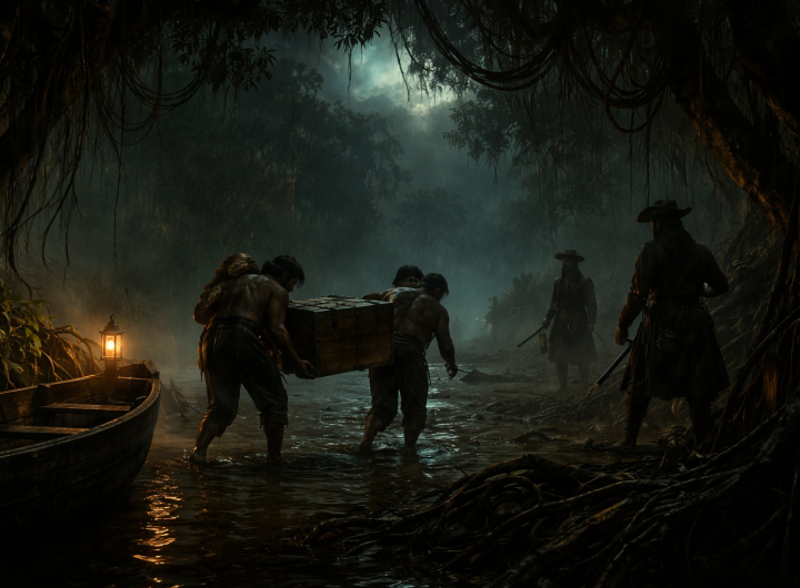 Piratas desembarcando en manglares de Campeche durante la noche