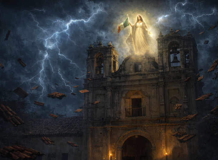 Virgen de la Caridad apareciendo sobre templo colonial durante tormenta