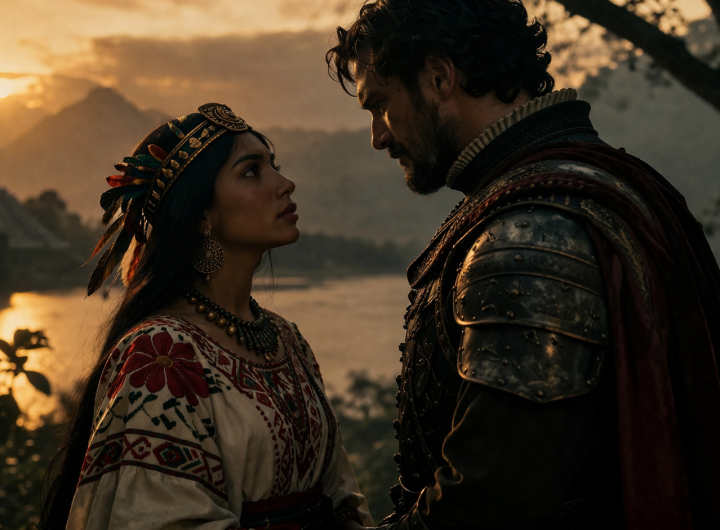 Princesa Atzimba y capitán español mirándose con tensión romántica