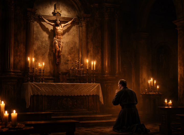 Cristo de las Ampollas en iglesia colonial de Ixmul con sacerdote rezando