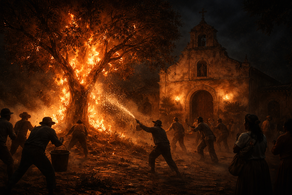 Árbol ardiendo frente a parroquia en Ixmul con vecinos alarmados