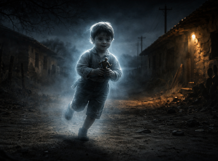 Niño fantasma jugando con soldado de juguete en calle oscura de pueblo antiguo en Sonora