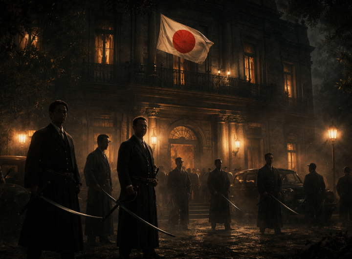 Diplomáticos japoneses defendiendo la legación durante la Decena Trágica