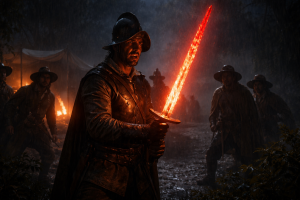 Soldado sosteniendo espada ardiente en campamento nocturno en Cerralvo