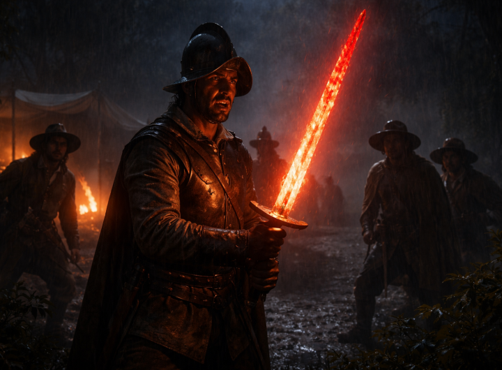 Soldado sosteniendo espada ardiente en campamento nocturno en Cerralvo