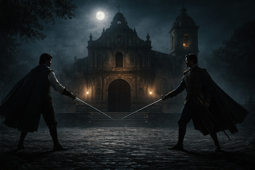 duelo nocturno frente a iglesia colonial en Campeche
