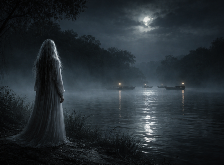 La Llorona del Champayán de pie junto a la laguna en la noche
