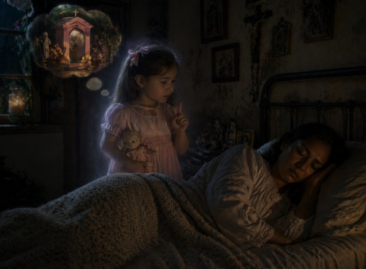 Mujer dormida con expresión serena mientras una niña etérea la acompaña en una habitación mexicana antigua iluminada por vela y luz de luna