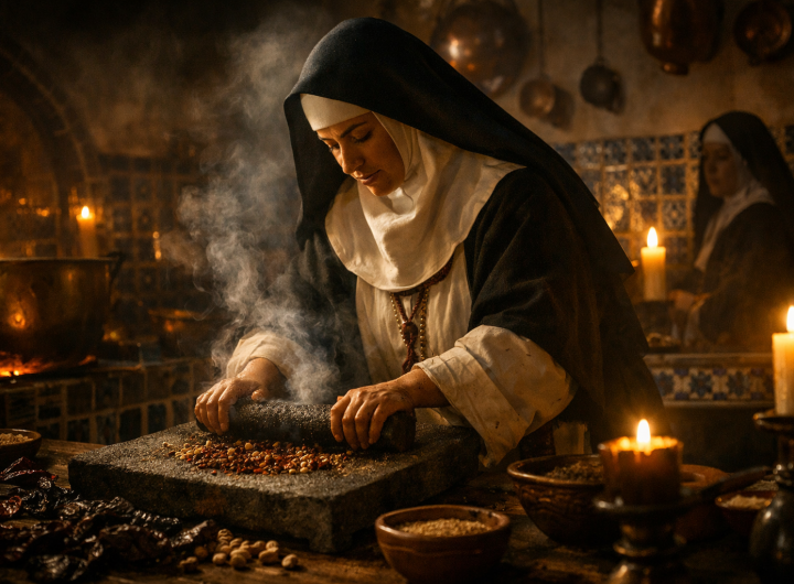 Monja preparando mole en cocina colonial de Puebla