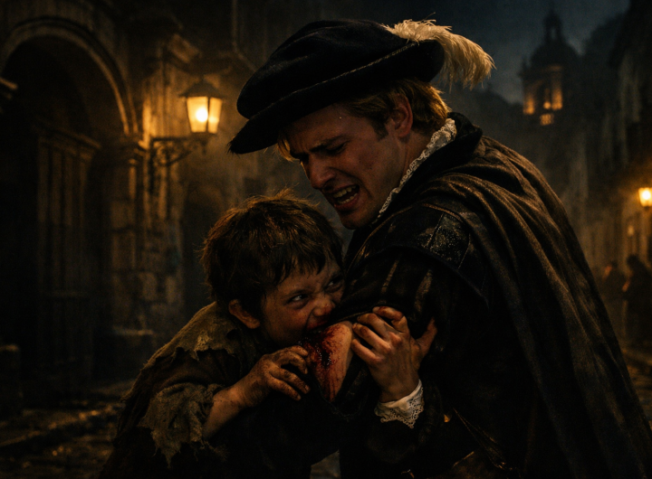 Niño mordiendo a joven en calle colonial de la Ciudad de México