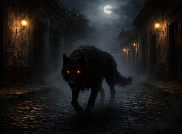 Perro del Diablo recorriendo calles nocturnas en San Juan del Río