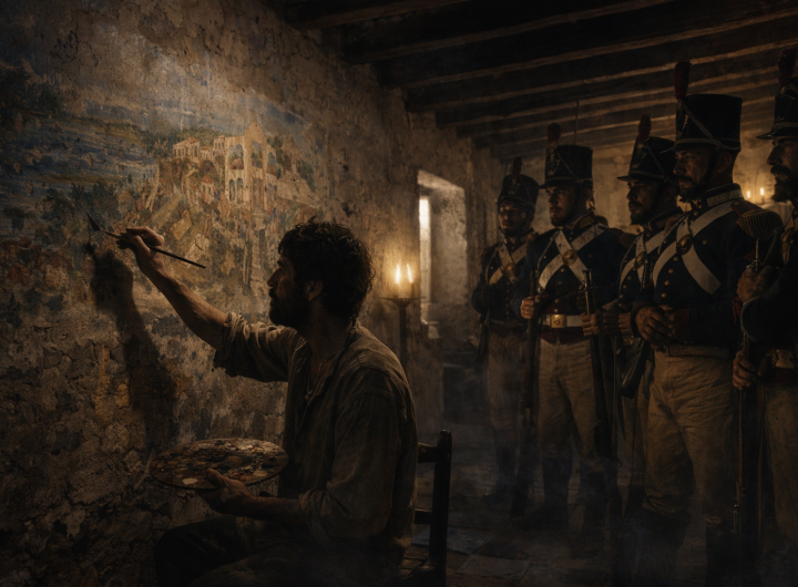 Prisionero pintando mural ante soldados sorprendidos