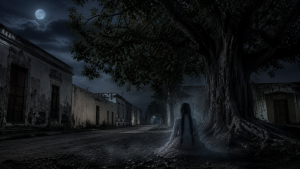 Fantasma de mujer bajo una anácua en Pesquería Nuevo León.