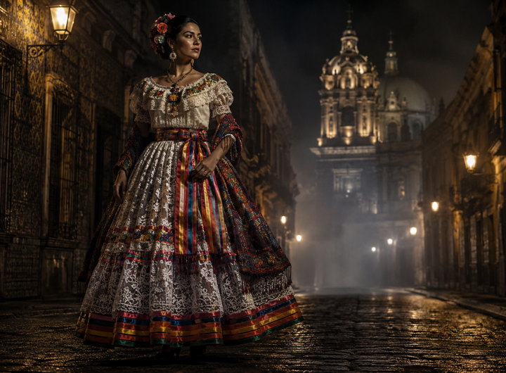 La China Poblana caminando por una calle colonial de Puebla durante la noche.