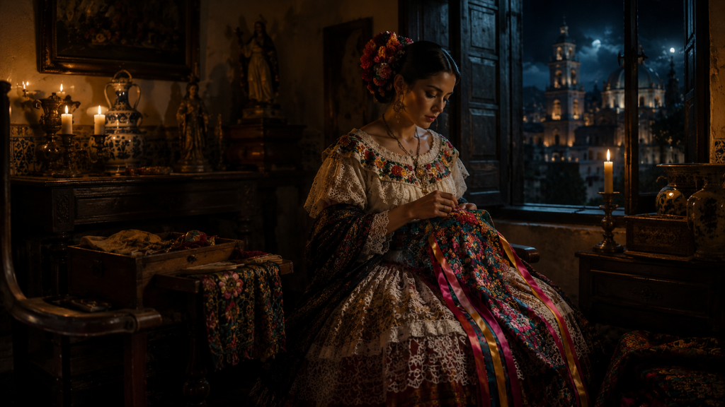 Catarina de San Juan bordando telas en una habitación colonial.