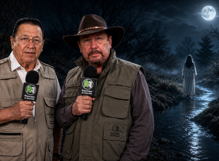 Reporteros de Reportajes de Alvarado sosteniendo micrófonos frente a un arroyo nocturno donde aparece una mujer fantasmal vestida de blanco