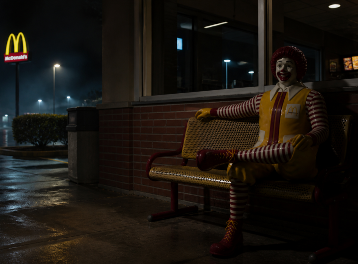 Payaso de banca en restaurante vacío durante la noche en Cuernavaca