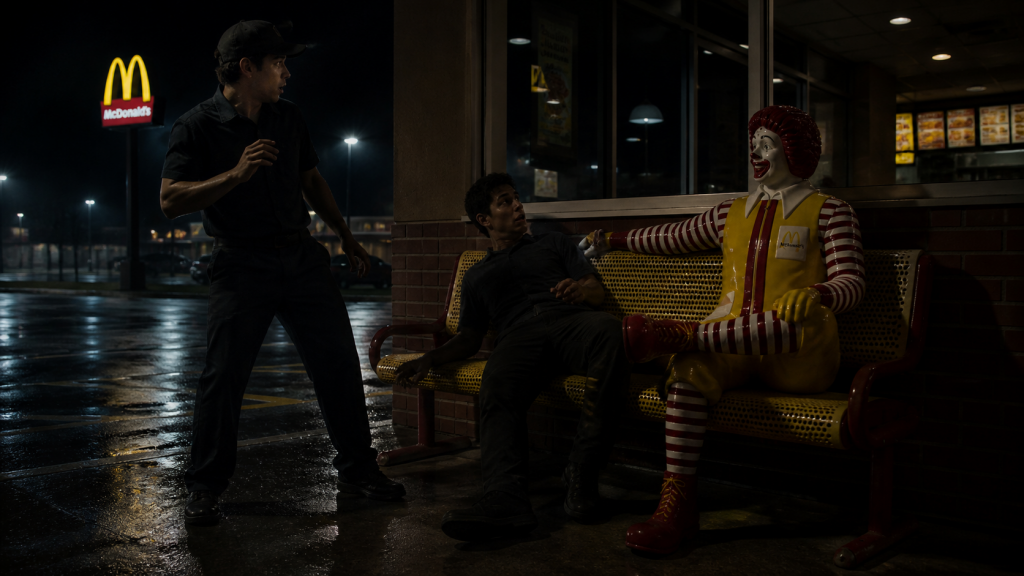 Dos hombres junto a payaso en banca durante la noche