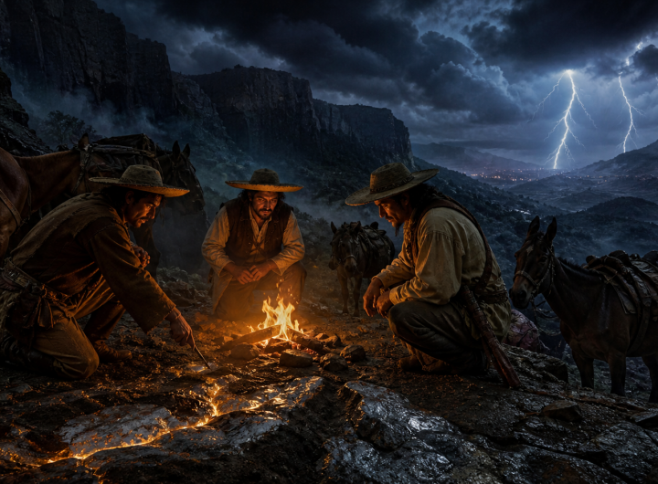 Arrieros descubriendo plata en las montañas del Mineral de La Luz durante una tormenta nocturna.