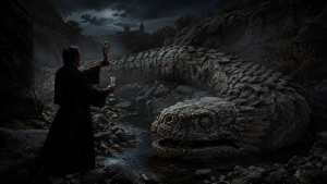 Padre Severito enfrentando a la Serpiente de Piedra en Yahualica.