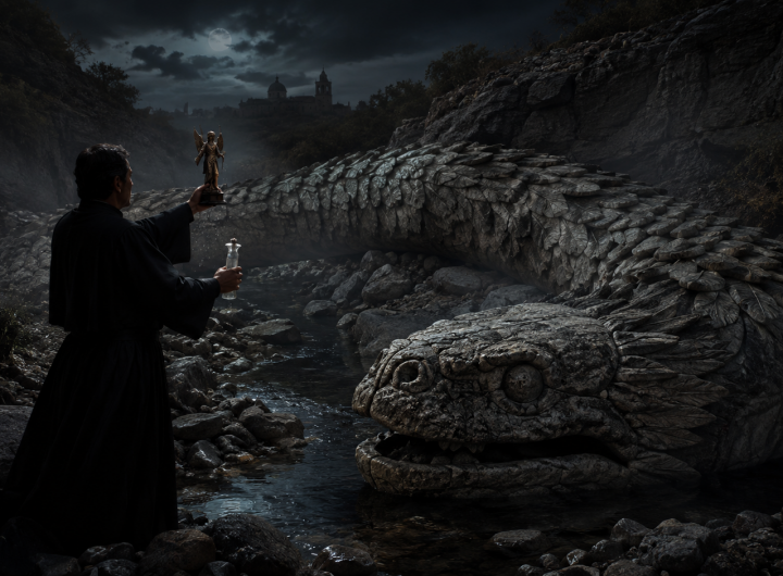Padre Severito enfrentando a la Serpiente de Piedra en Yahualica.