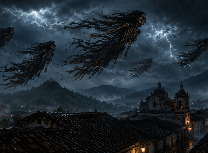 Esqueletos femeninos volando sobre San Cristóbal de las Casas durante una tormenta nocturna.